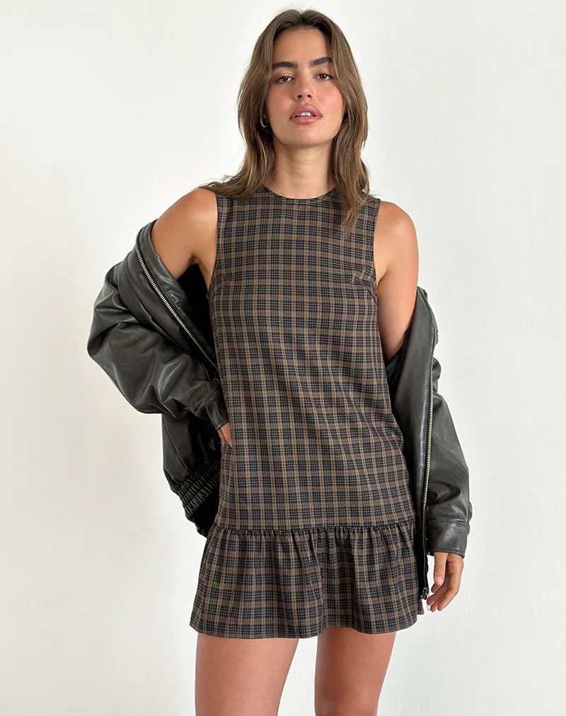 Samana Babydoll Mini Dress in Check Dark Brown - Image 7