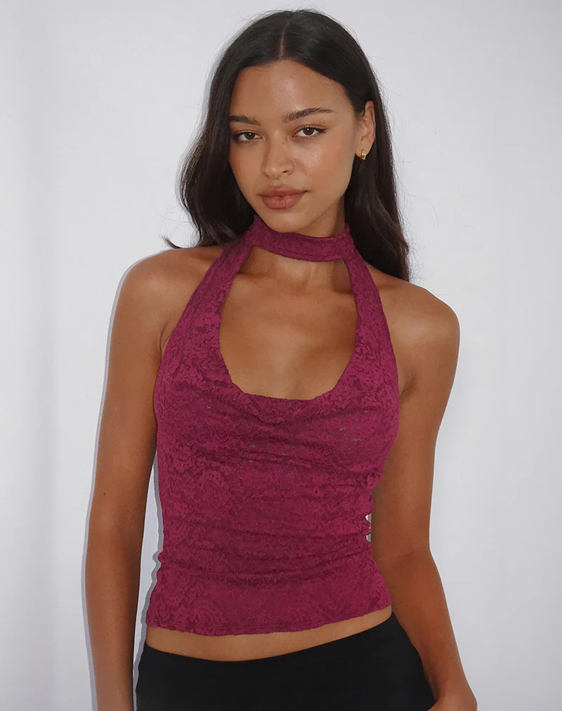 Samwell Halterneck Top in Paisley Lace Burgundy - Image 4