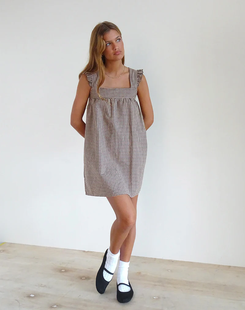 Sanaly Mini Dress in Mini Gingham Brown - Image 2