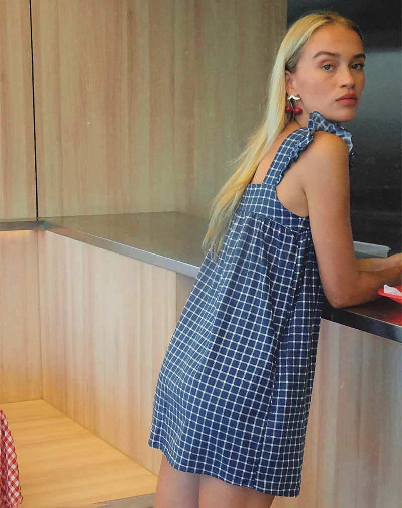 Sanaly Mini Dress in Navy Tartan Rami - Image 3