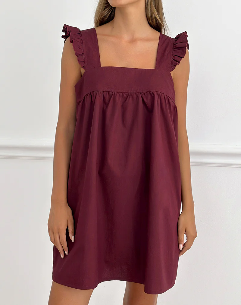 Sanaly Mini Dress in Poplin Maroon - Image 2