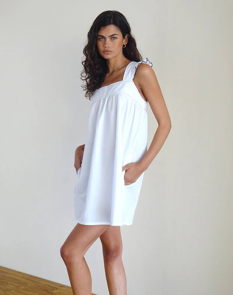 Sanaly Mini Dress in White with Navy Babylock - Image 5