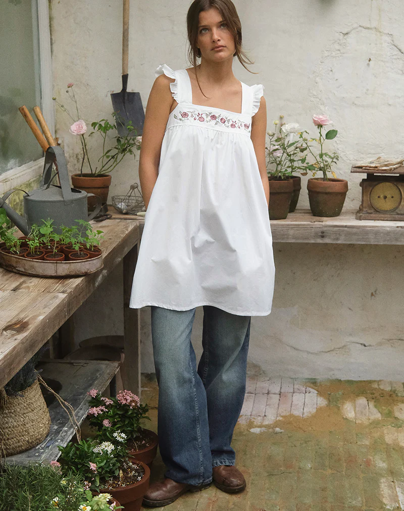 Sanaly Mini Dress in Poplin White with Cherry Blossom Embroidery - Image 2