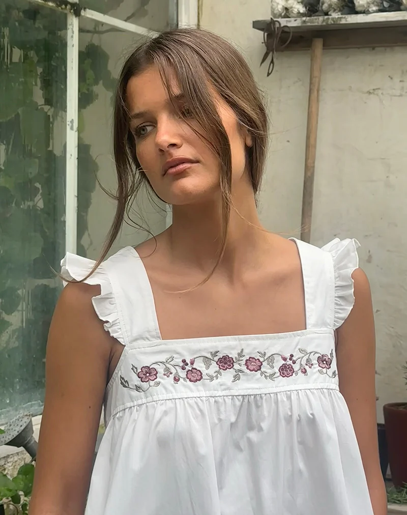 Sanaly Mini Dress in Poplin White with Cherry Blossom Embroidery - Image 4