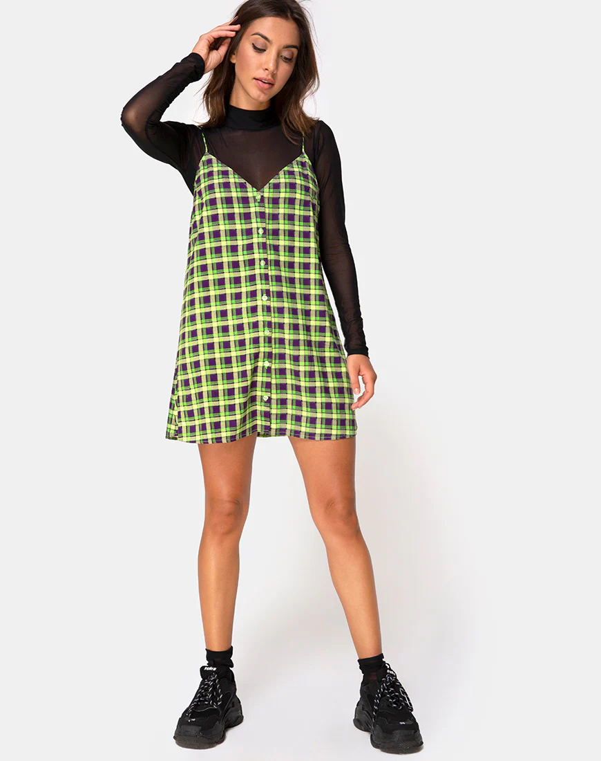 Sanna Slip Dress in Green and Purple Check - Image 3