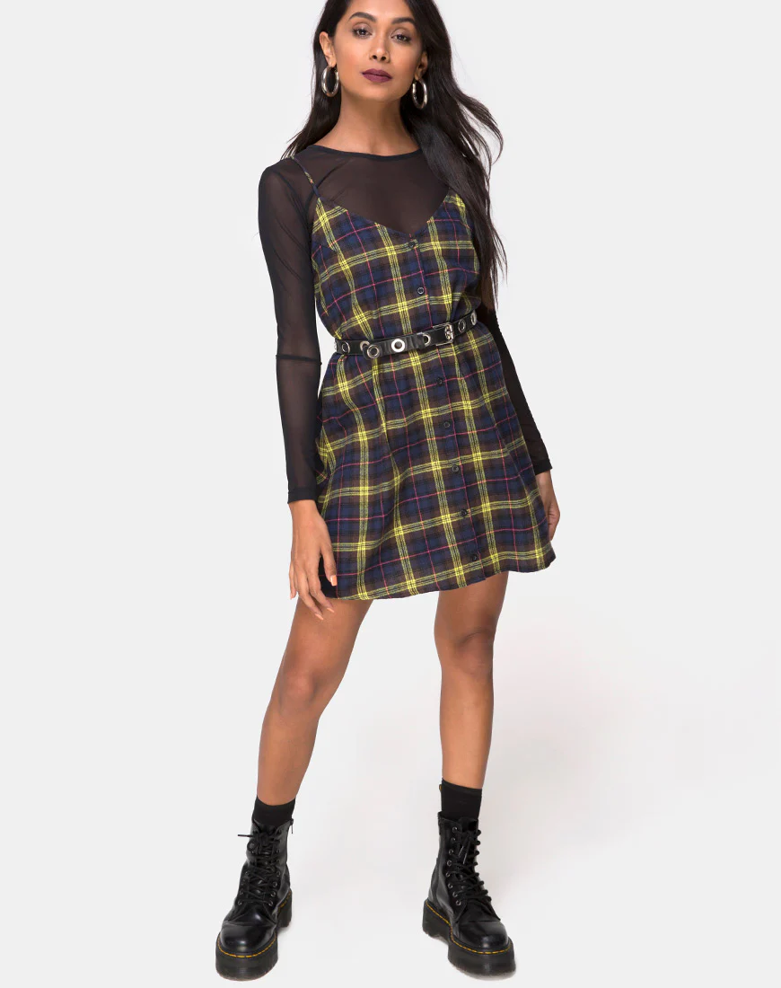 Sanna Slip Dress in Plaid Brown Yellow Check - Image 3
