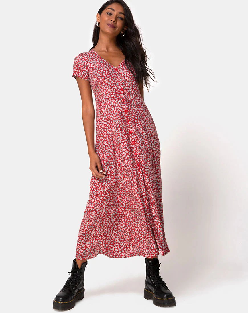 Sanrin Dress in Ditsy Rose Red Silver - Image 3