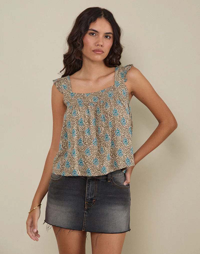 Sanula Top in Blue and Brown Floral Bohemian Batik - Image 4