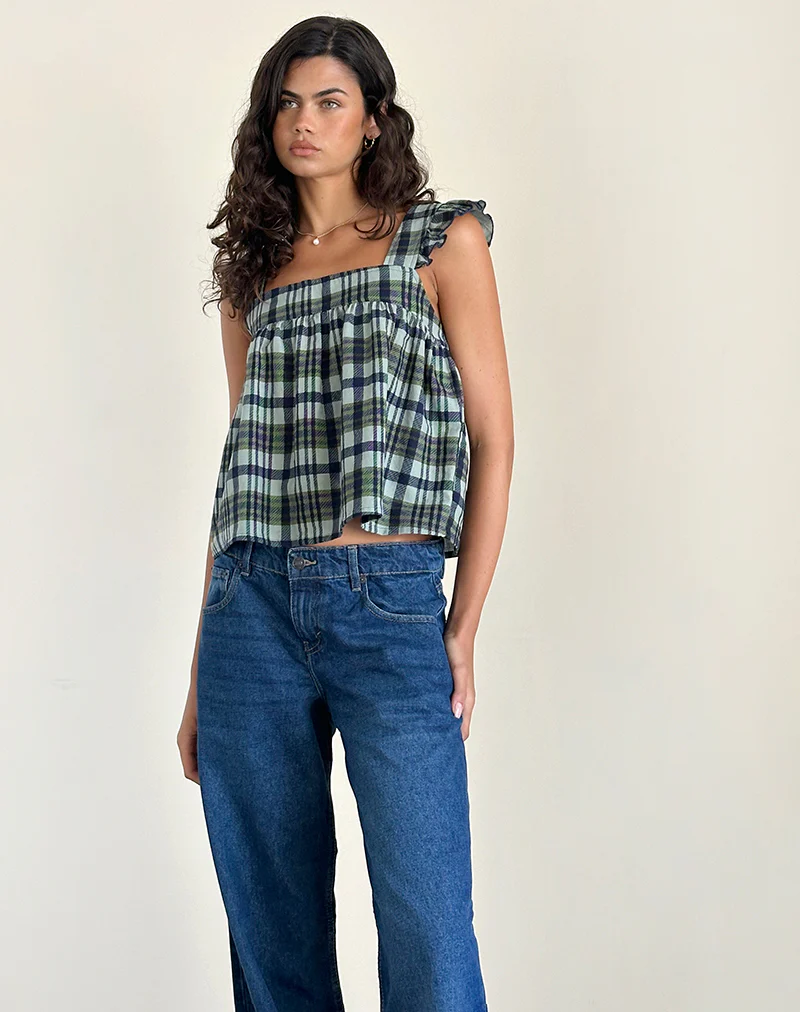 Sanula Top in Linen Mono Check Green - Image 2