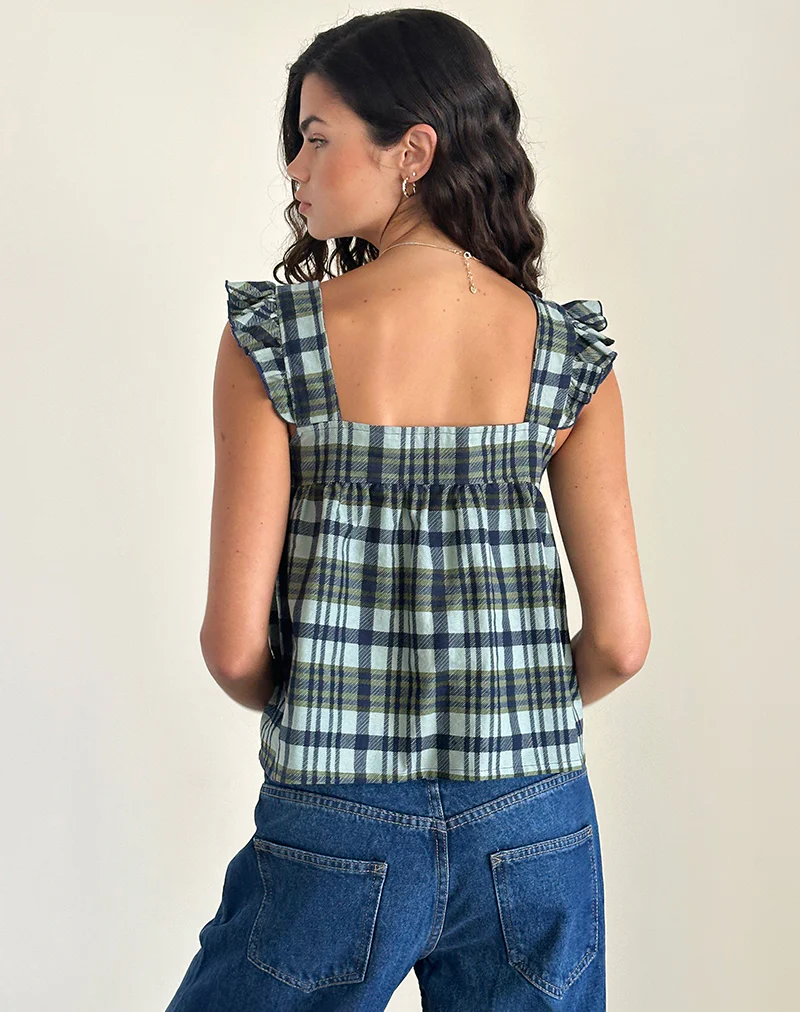 Sanula Top in Linen Mono Check Green - Image 3