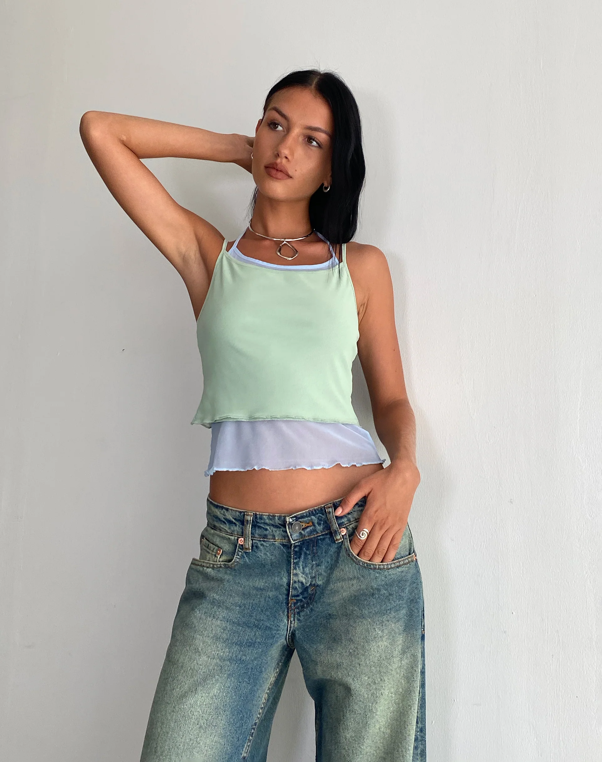 Sapphi Double Layered Cami Top in Frost Blue and Sage Green - Image 2