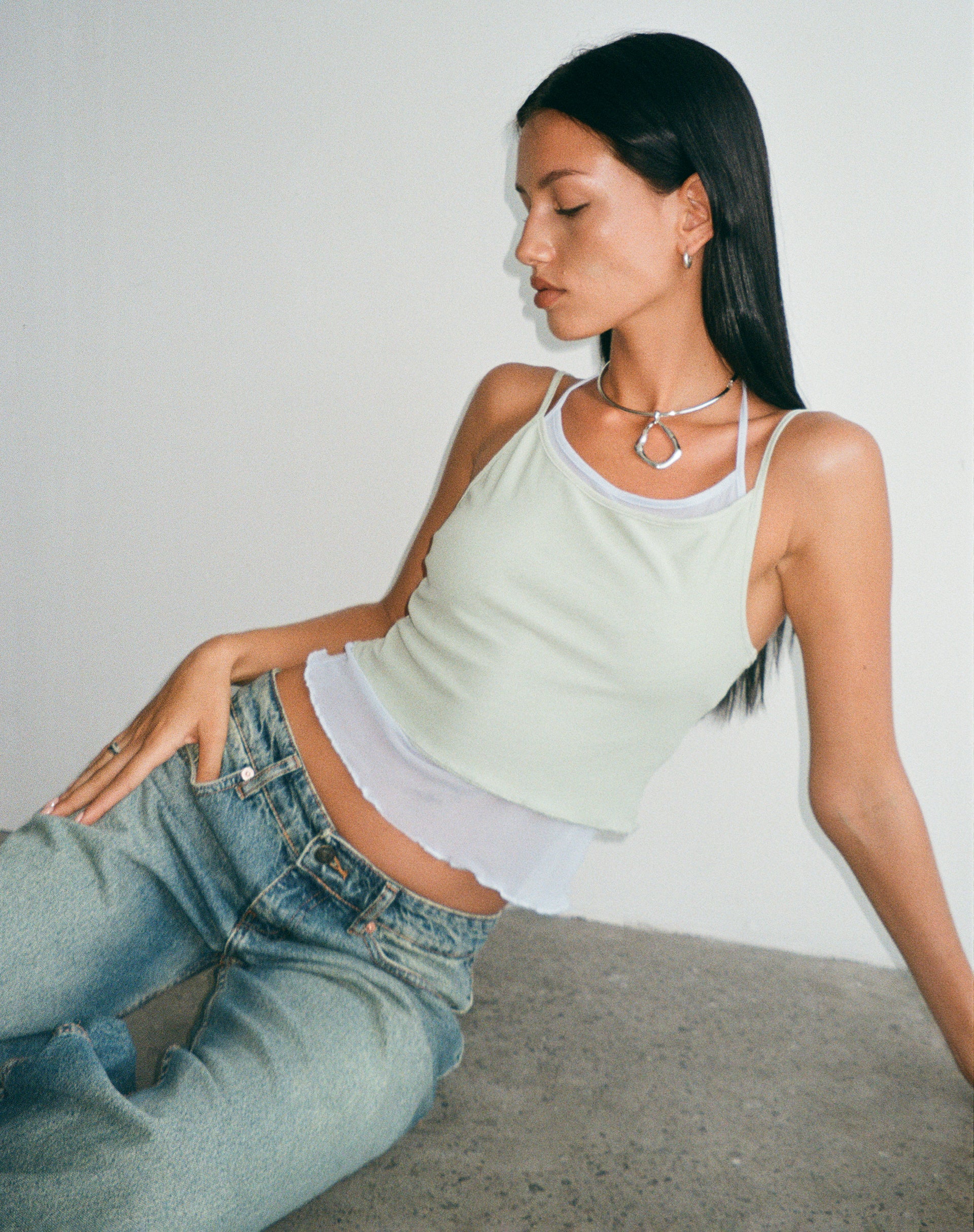 Sapphi Double Layered Cami Top in Frost Blue and Sage Green - Image 3