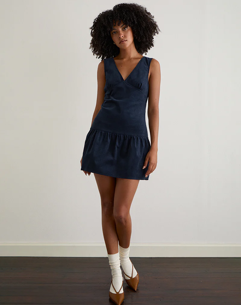 Sarabi Plunge Mini Dress in Cord Navy - Image 3