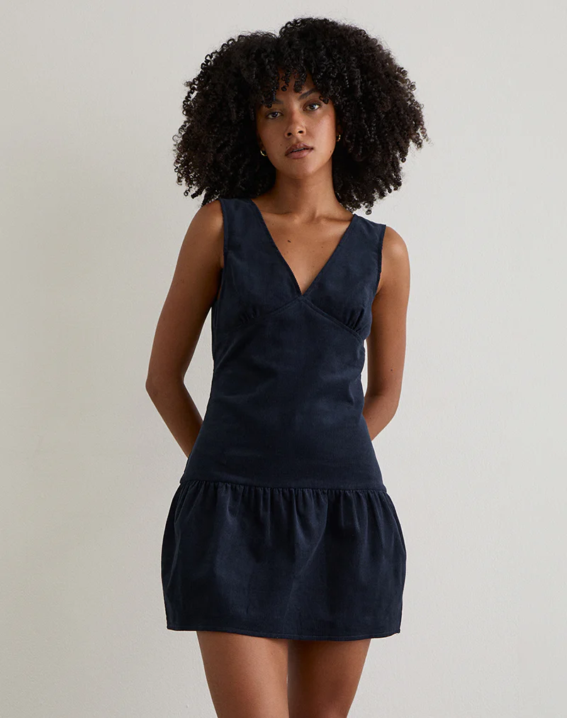 Sarabi Plunge Mini Dress in Cord Navy - Image 4