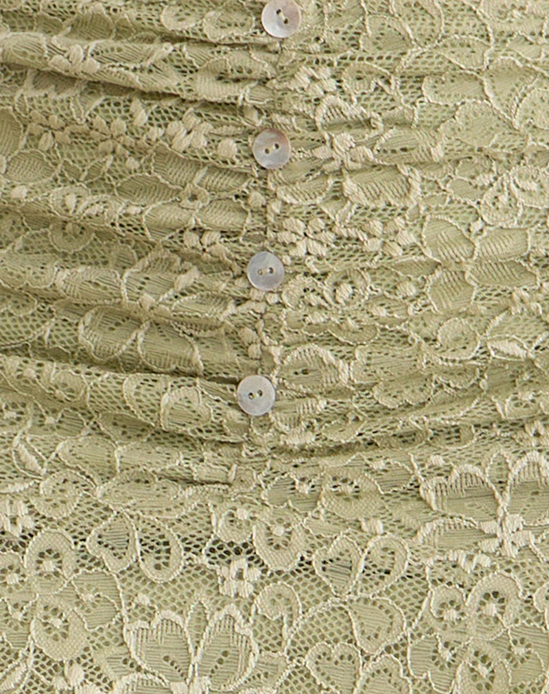 Sarahi Midi Skirt in Stretch Lace Sage with Pearl Button - Image 6