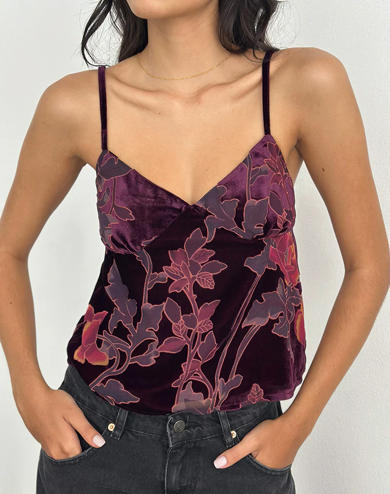 Sarinda Cami Top in Floral Devore Burgundy - Image 3