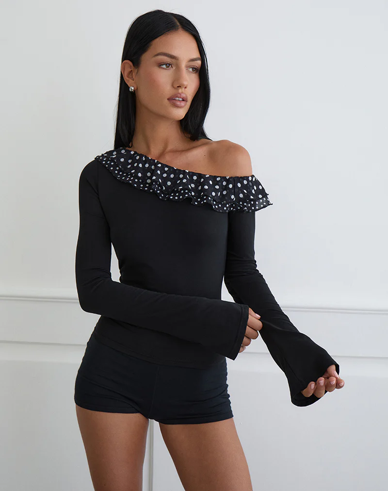 Sariya Long Sleeve Top in Cupro Black with Tiny Polka Ruffles - Image 3