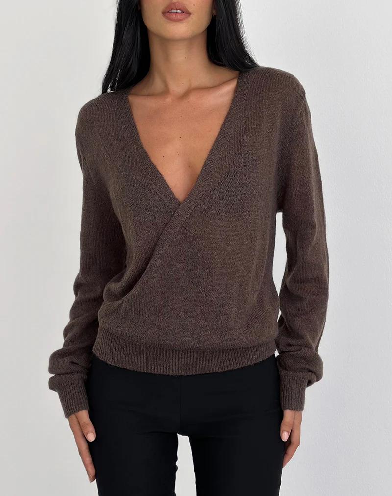 Saroya Plunge Wrap Top in Knit Dark Chocolate - Image 2