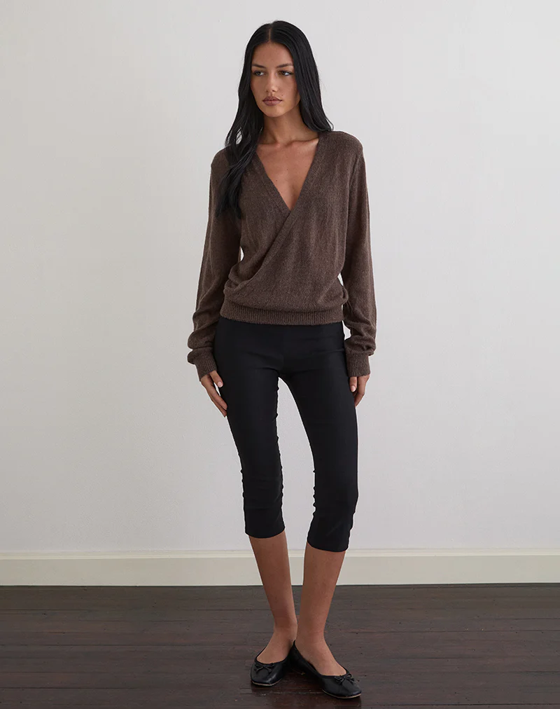 Saroya Plunge Wrap Top in Knit Dark Chocolate - Image 3