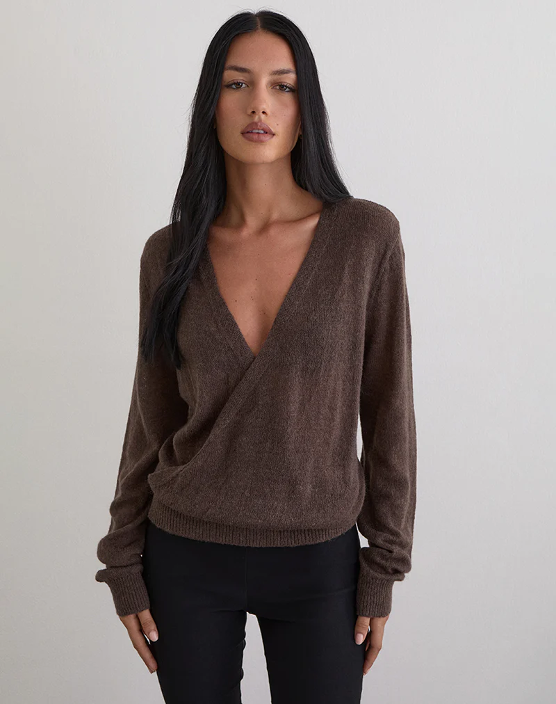 Saroya Plunge Wrap Top in Knit Dark Chocolate - Image 5