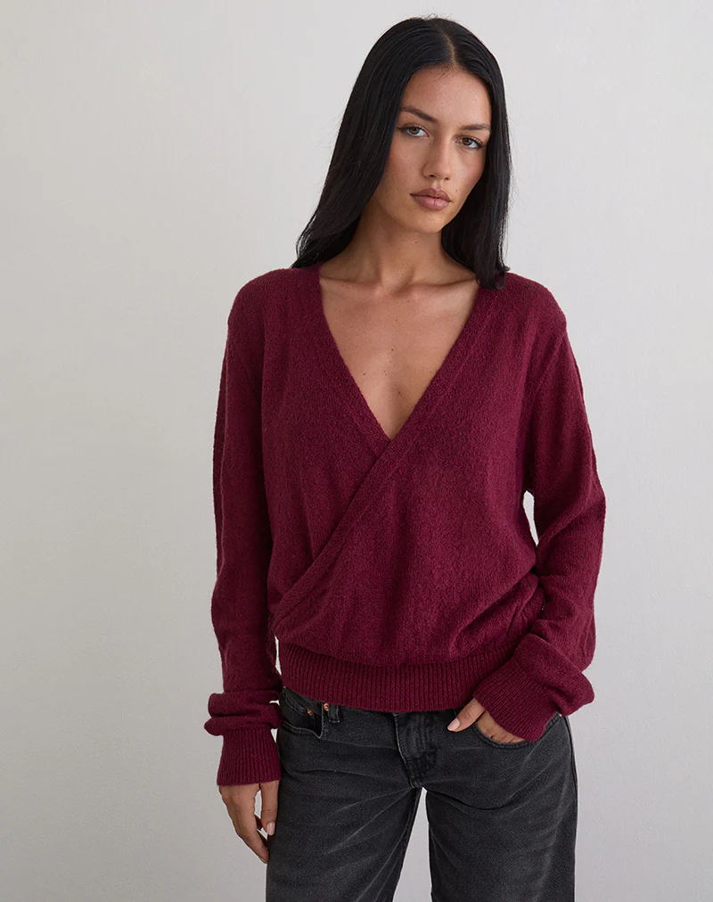 Saroya Plunge Wrap Top in Knit Wine - Image 3