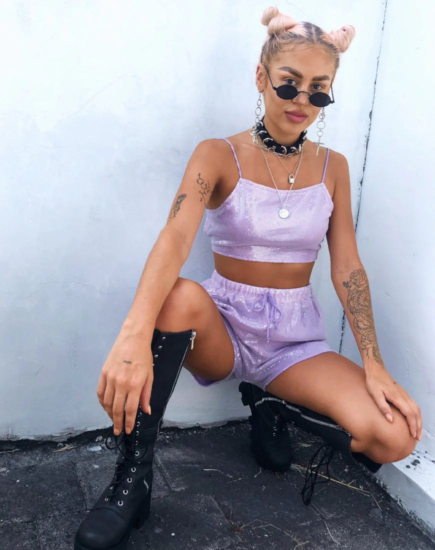 Sasha Crop Top in Matte Mini Sequin Lilac - Image 2
