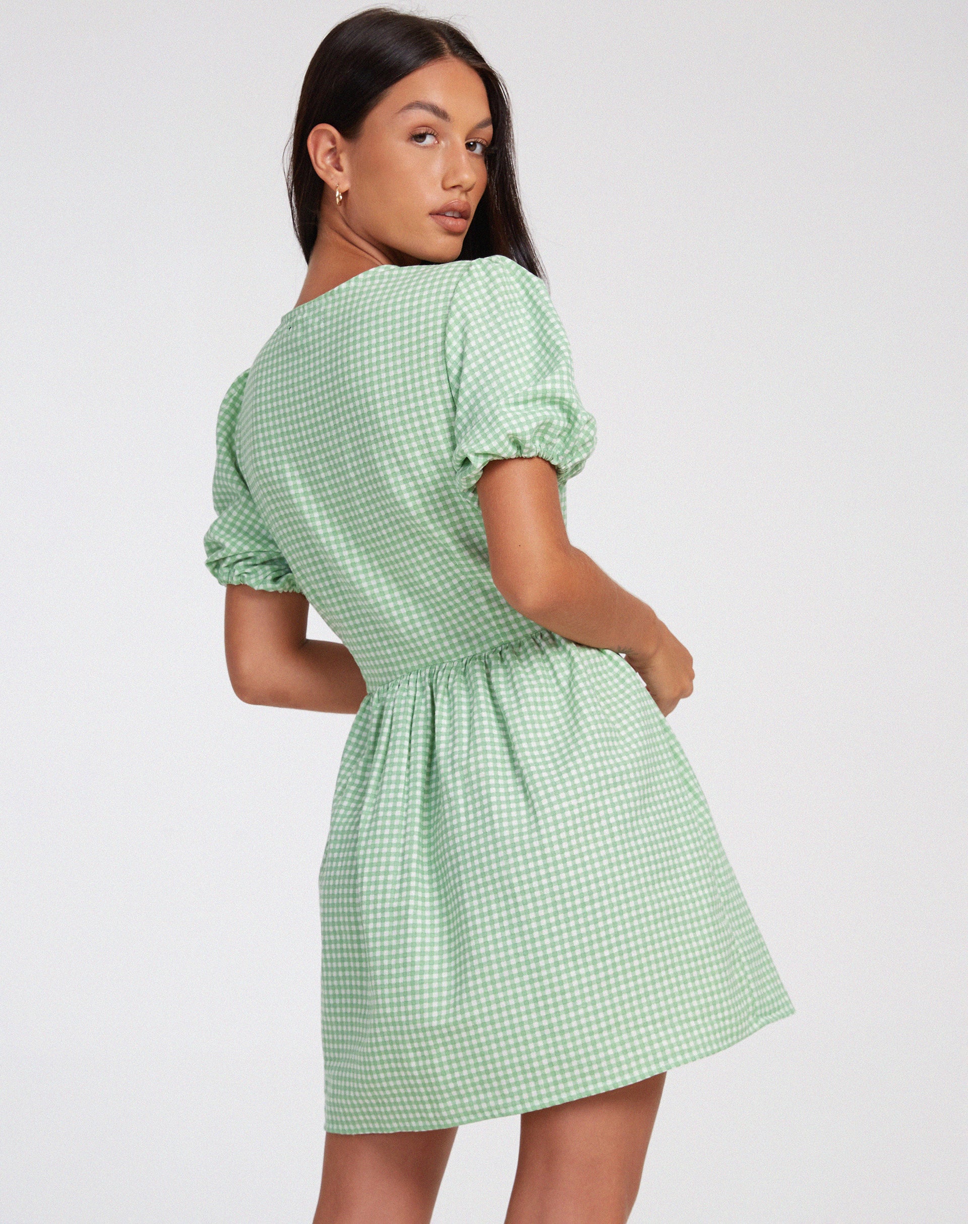 Sashio Mini Dress in Mini Gingham Green - Image 2