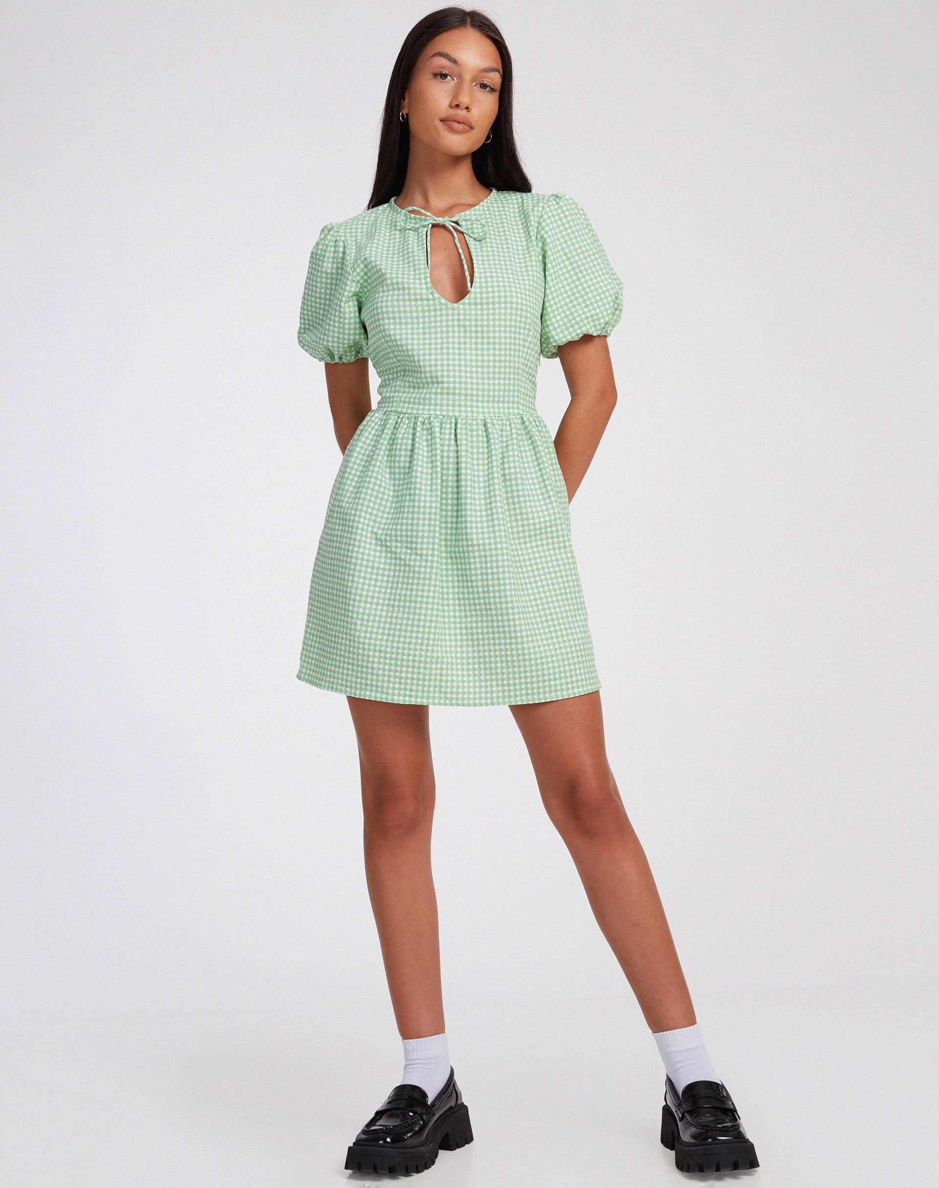 Sashio Mini Dress in Mini Gingham Green - Image 3