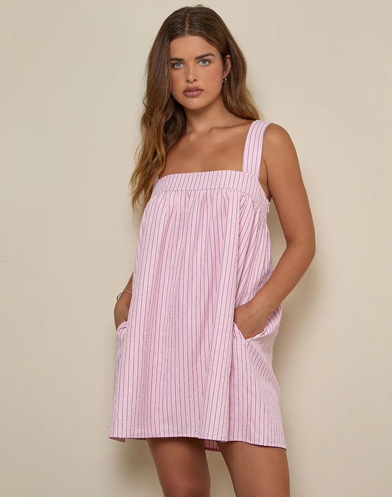Sasori Smock Mini Dress in Pink Stripe - Image 3