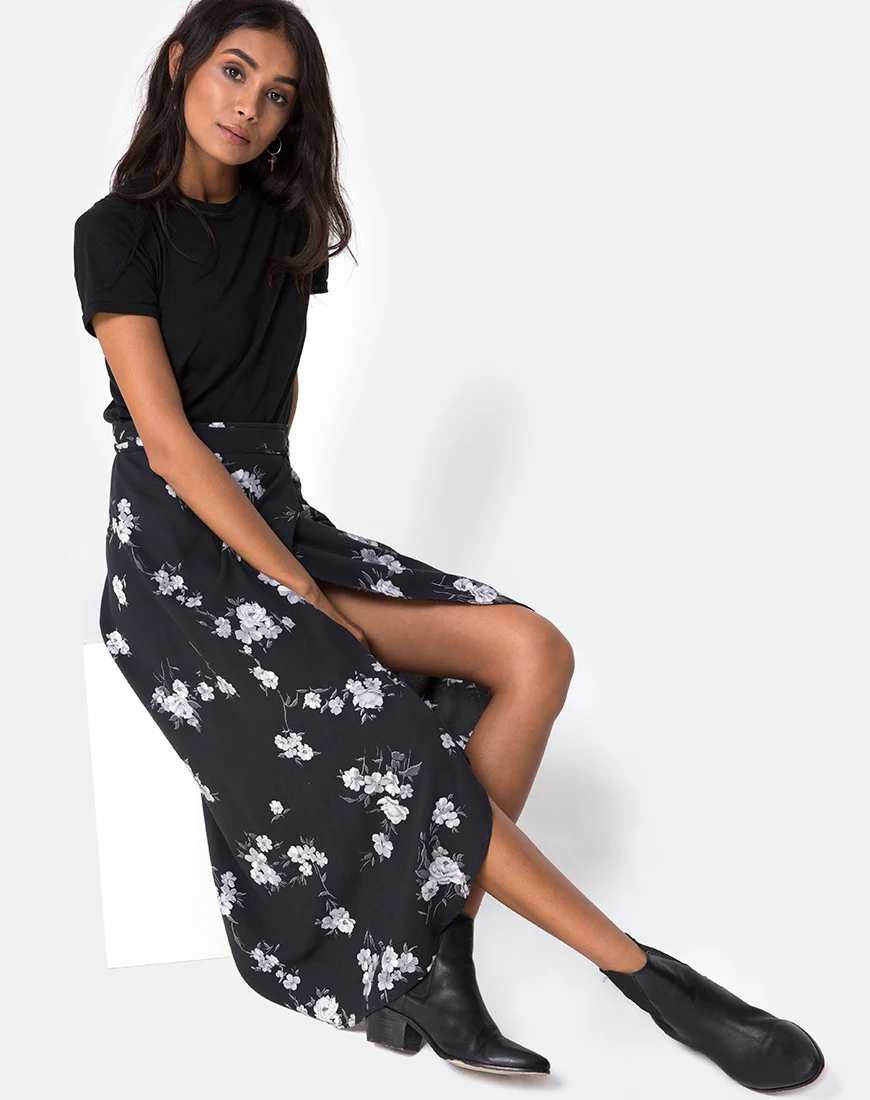 Satha Midi Skirt in Mono Flower Black - Image 2