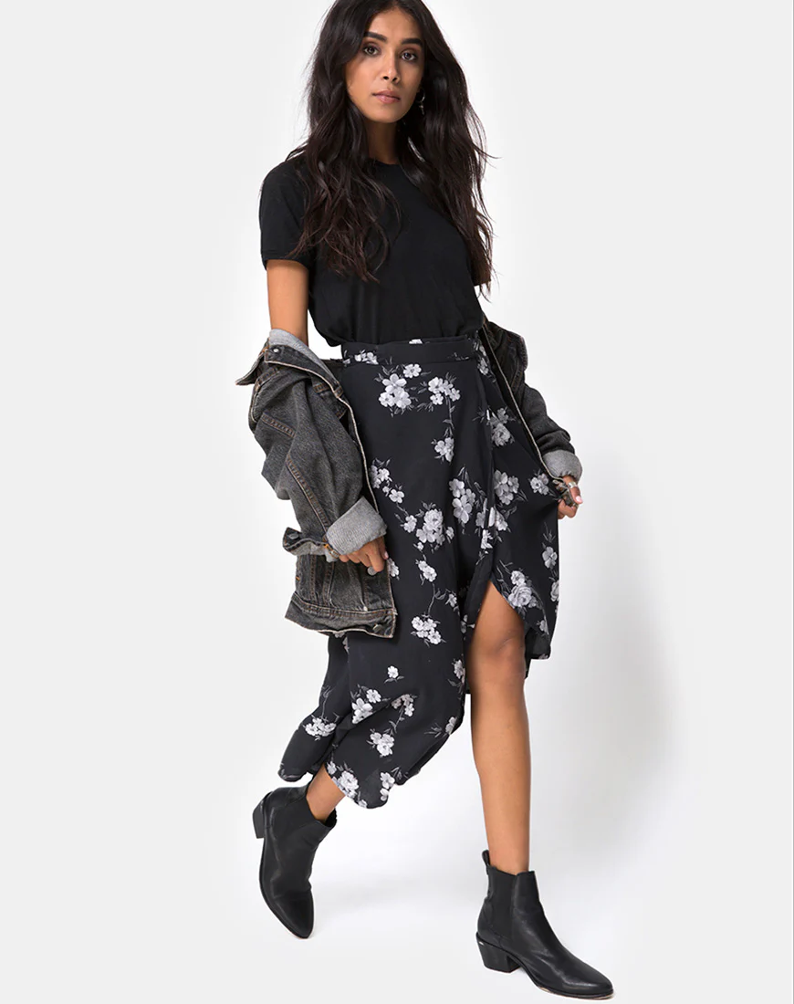 Satha Midi Skirt in Mono Flower Black - Image 3