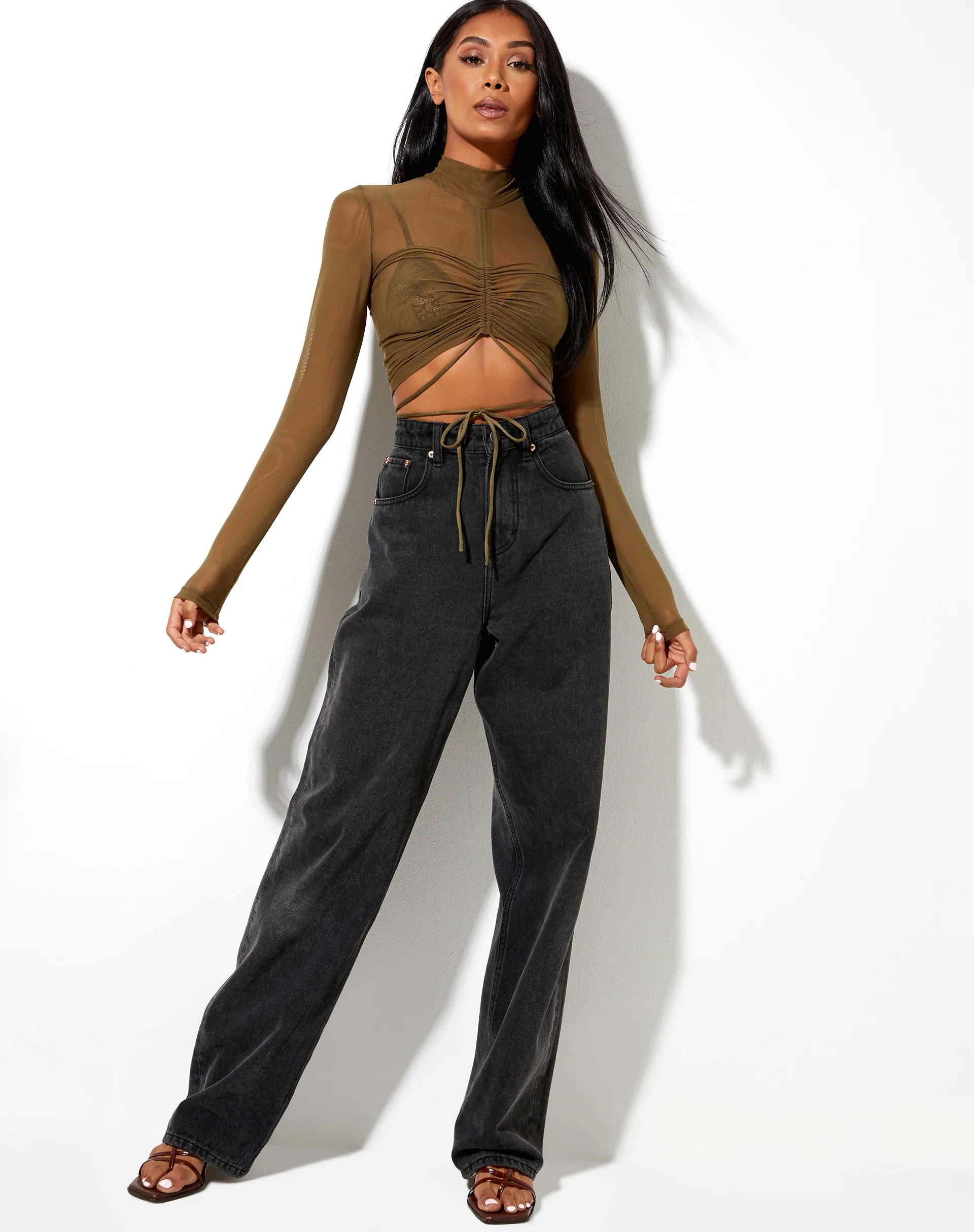 Sauja Crop Top in Mesh Khaki Green - Image 3
