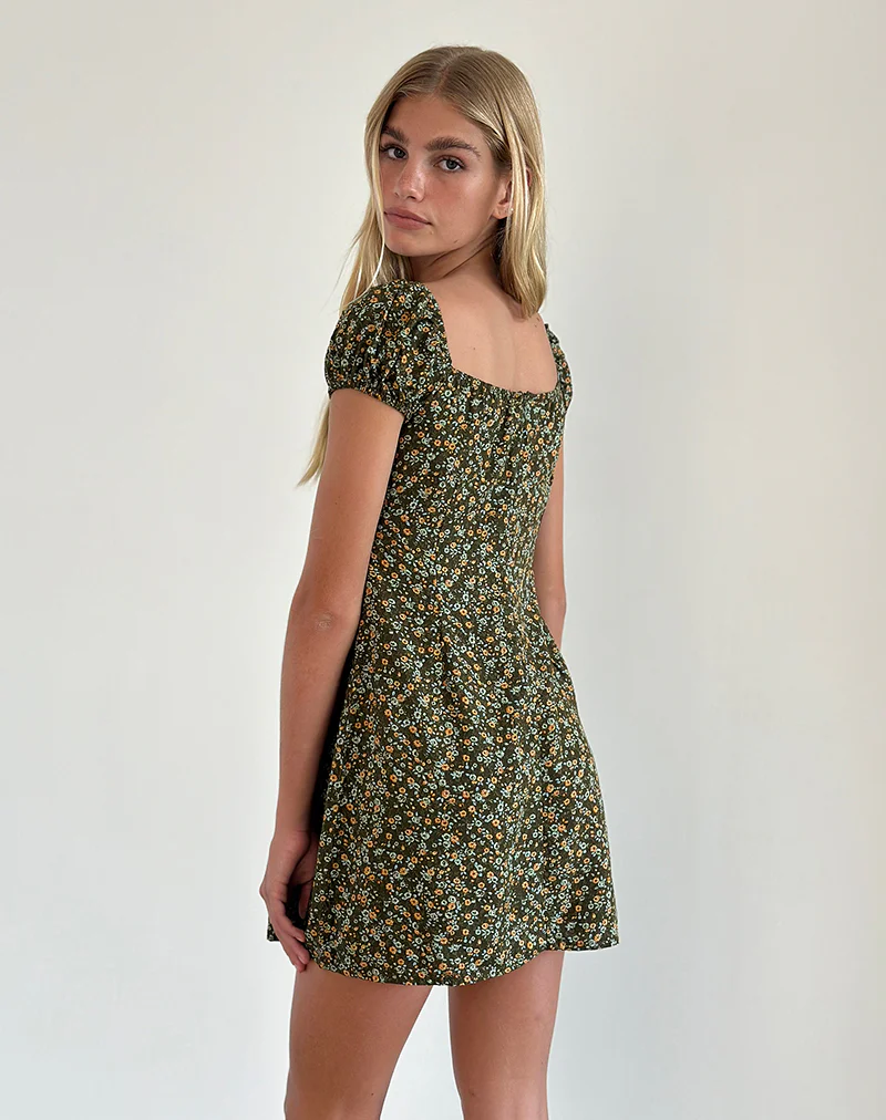 Savio Mini Dress in Grunge Floral Khaki - Image 4