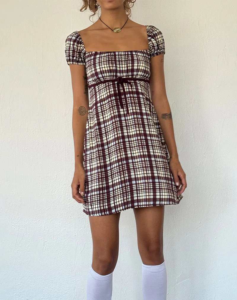 Savio Mini Dress in Multi Check Brown - Image 2