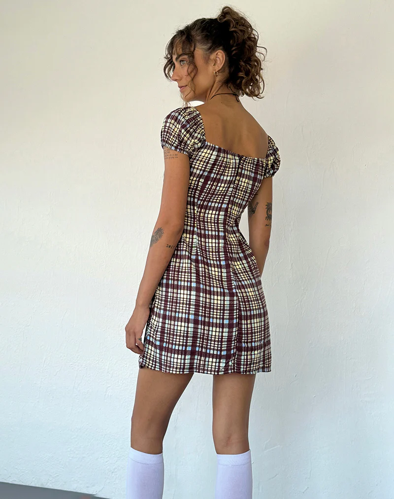 Savio Mini Dress in Multi Check Brown - Image 3