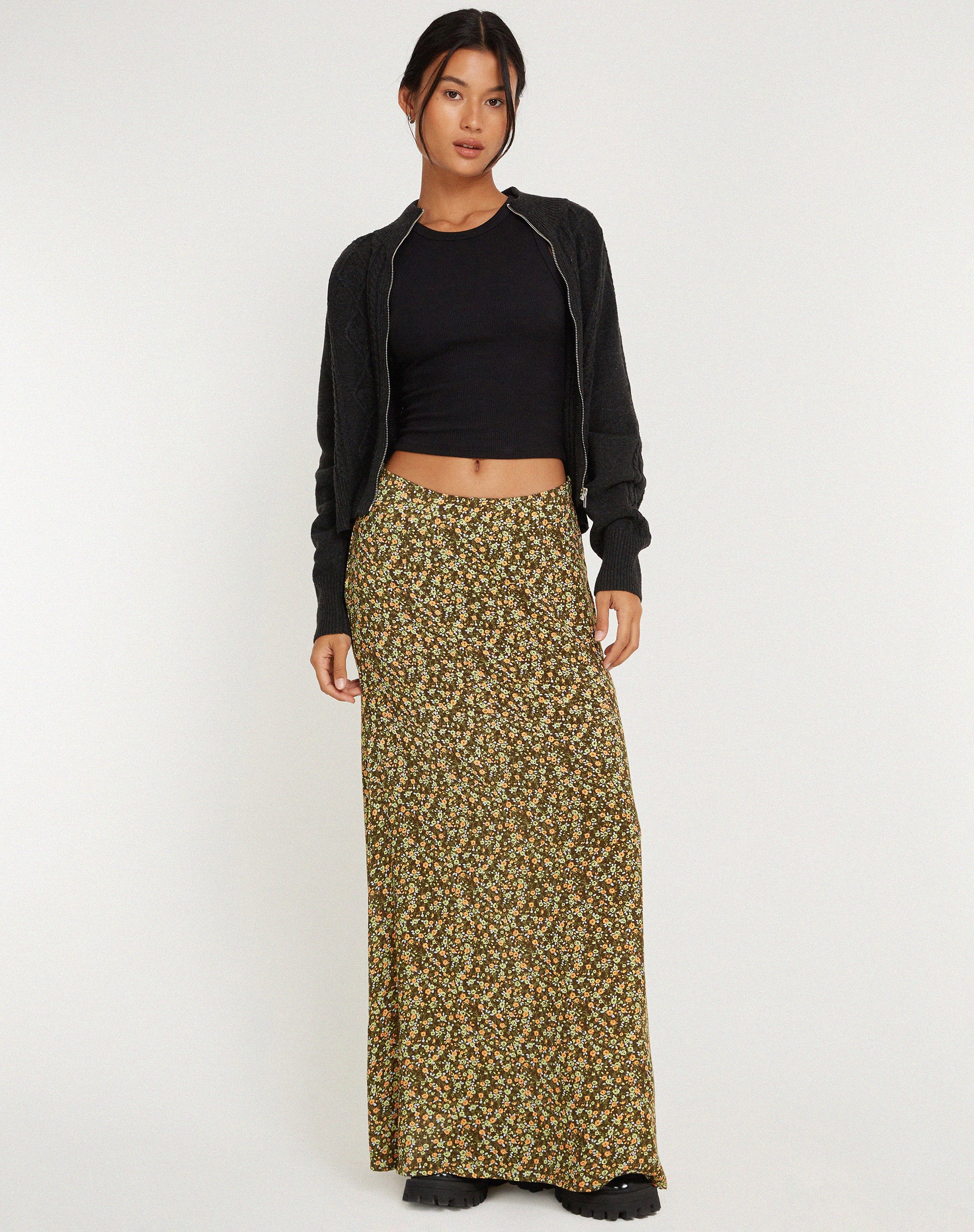 Sayan Maxi Skirt in Grungey Floral Khaki - Image 3