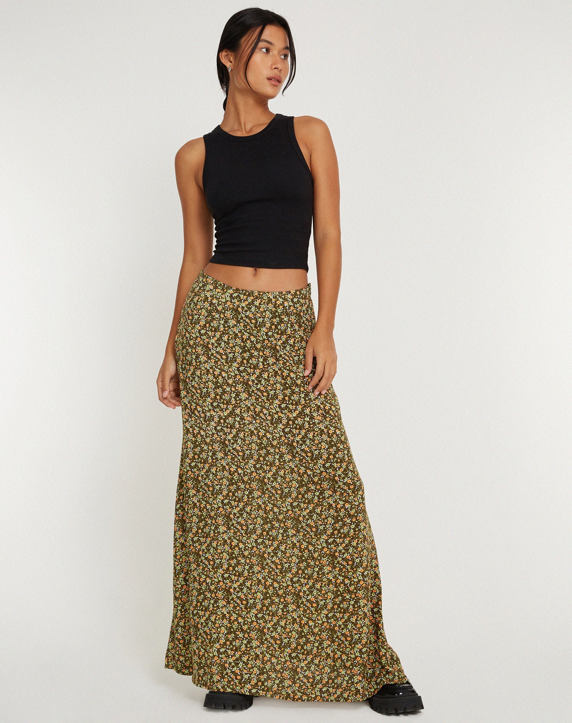 Sayan Maxi Skirt in Grungey Floral Khaki - Image 4