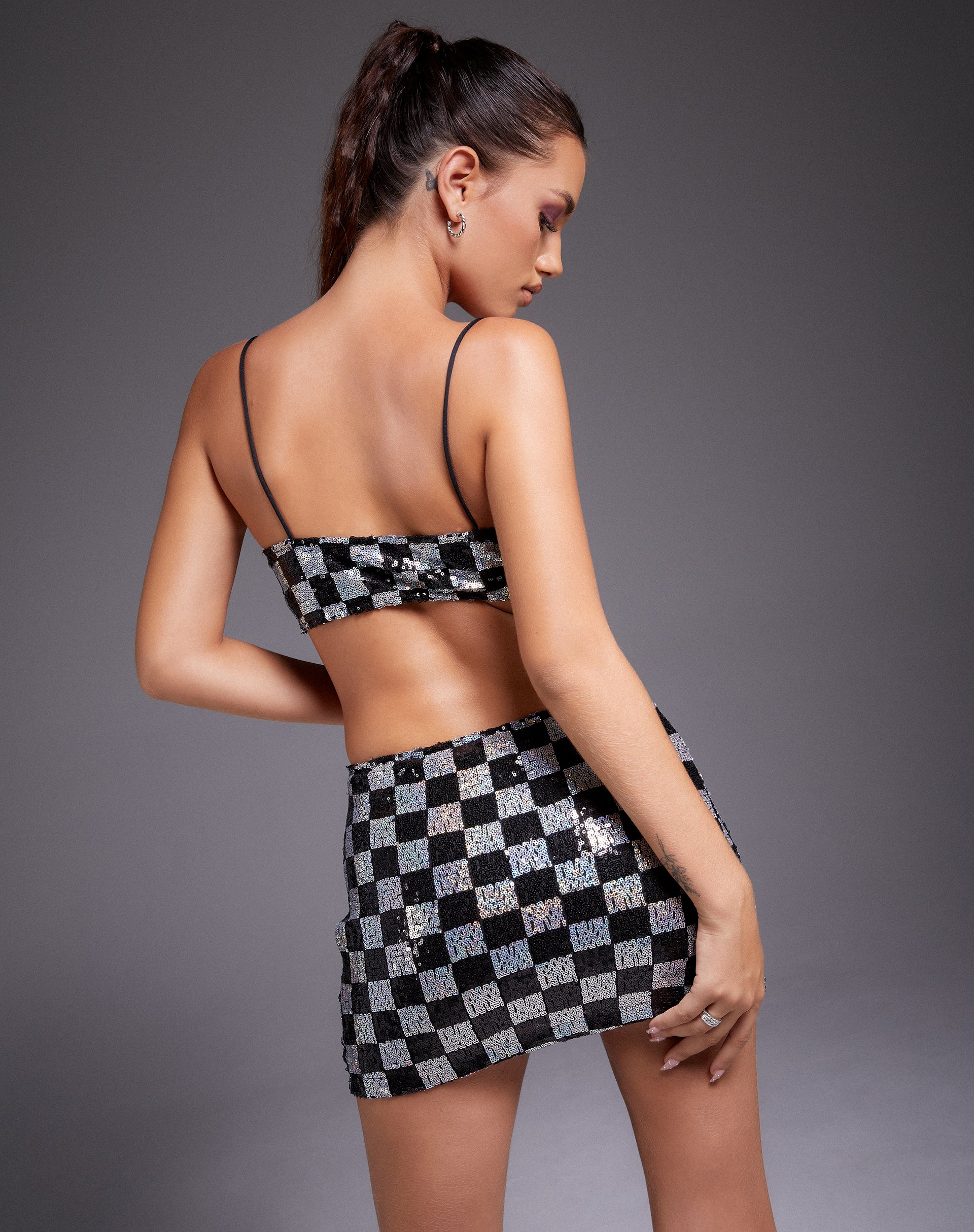Sazip Mini Skirt in Checkerboard Sequin Black and Silver - Image 4