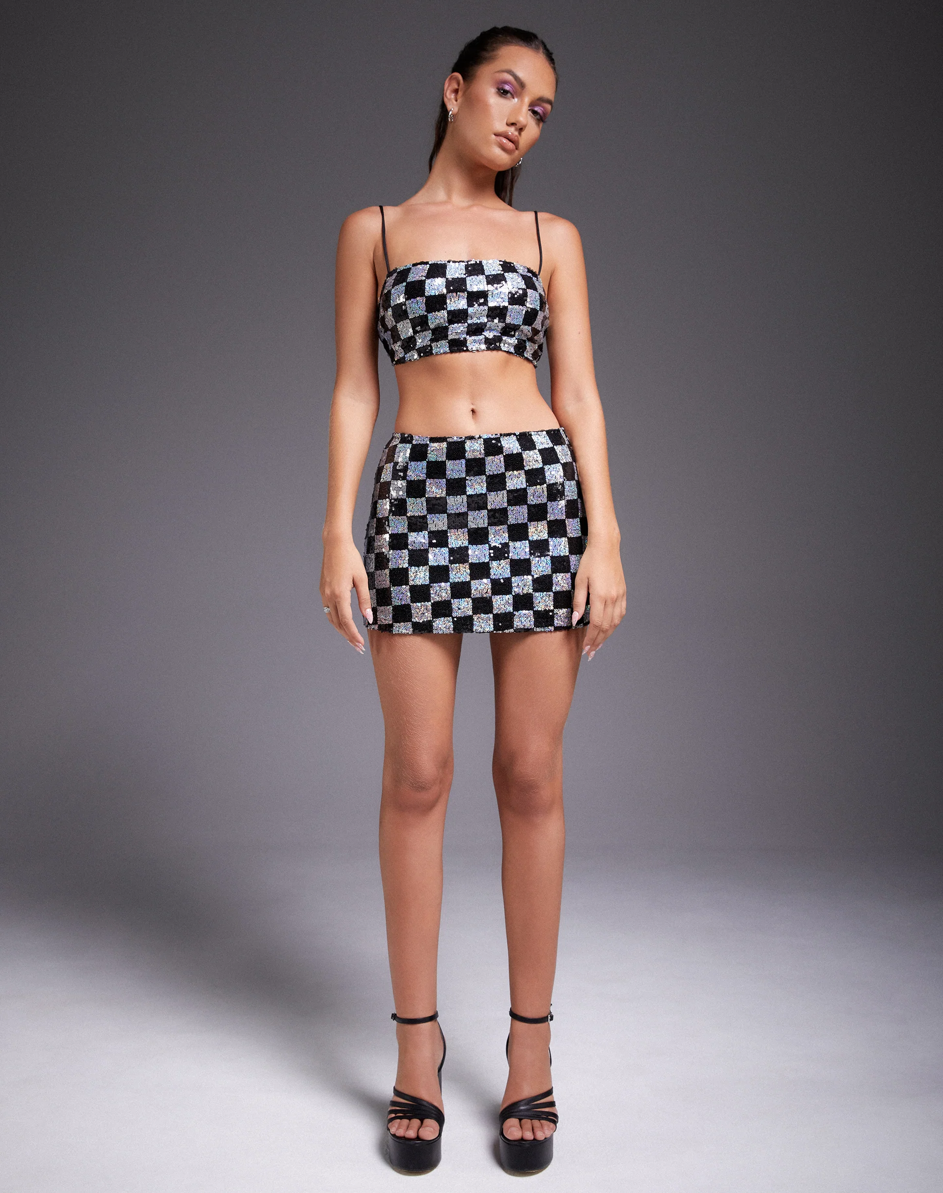 Sazip Mini Skirt in Checkerboard Sequin Black and Silver - Image 6