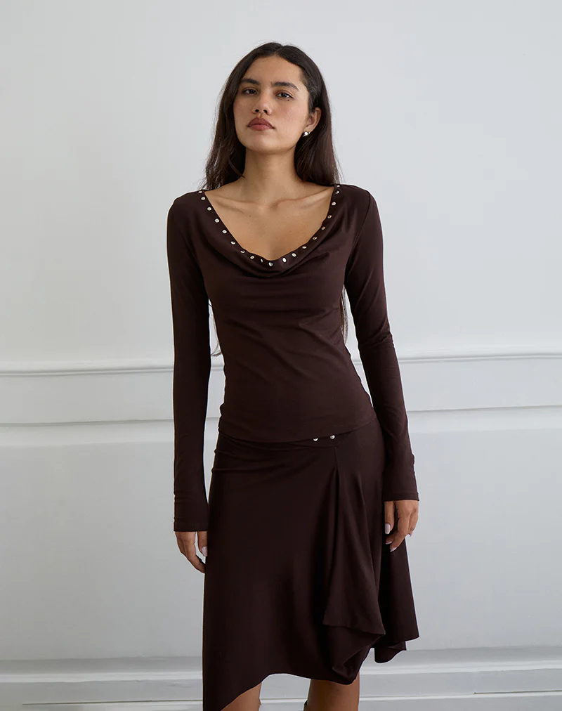 Scanio Long Sleeve Cowl Top with Studs in Bitter Chocolate - Image 3