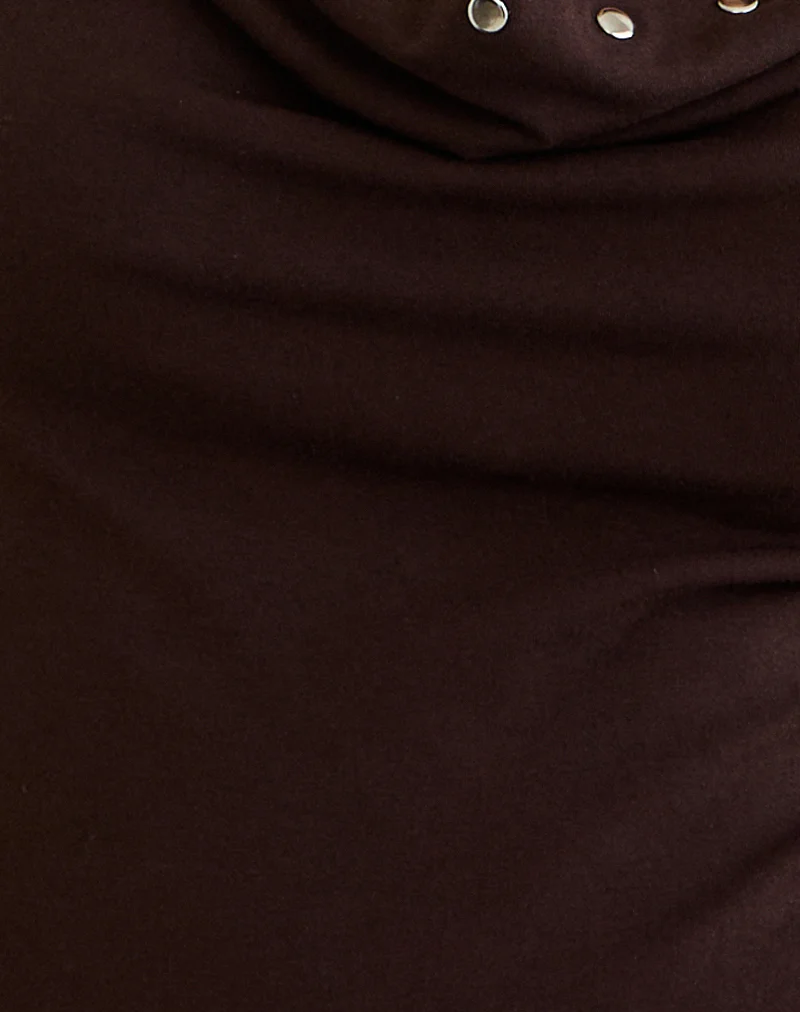 Scanio Long Sleeve Cowl Top with Studs in Bitter Chocolate - Image 5