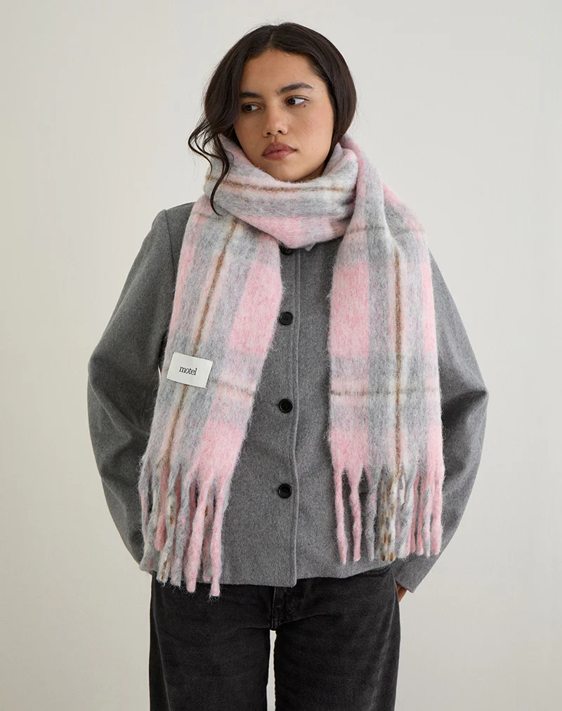 Scarf in Brushed Knit Pink Check - Image 3