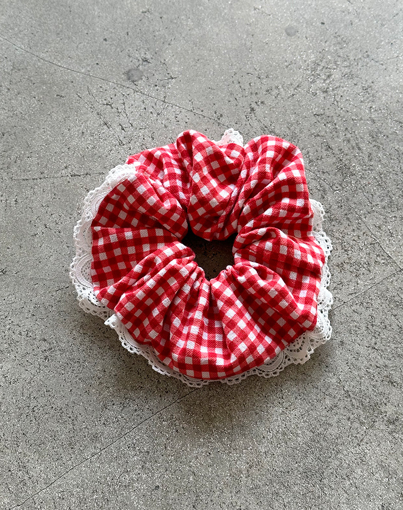 Scrunchie in Red Gingham with Lace - Image 4