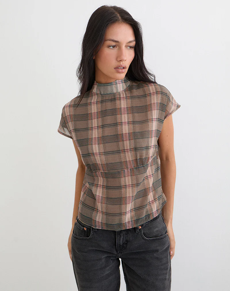 Sekala Top in Brown and Pink Blurry Check - Image 2