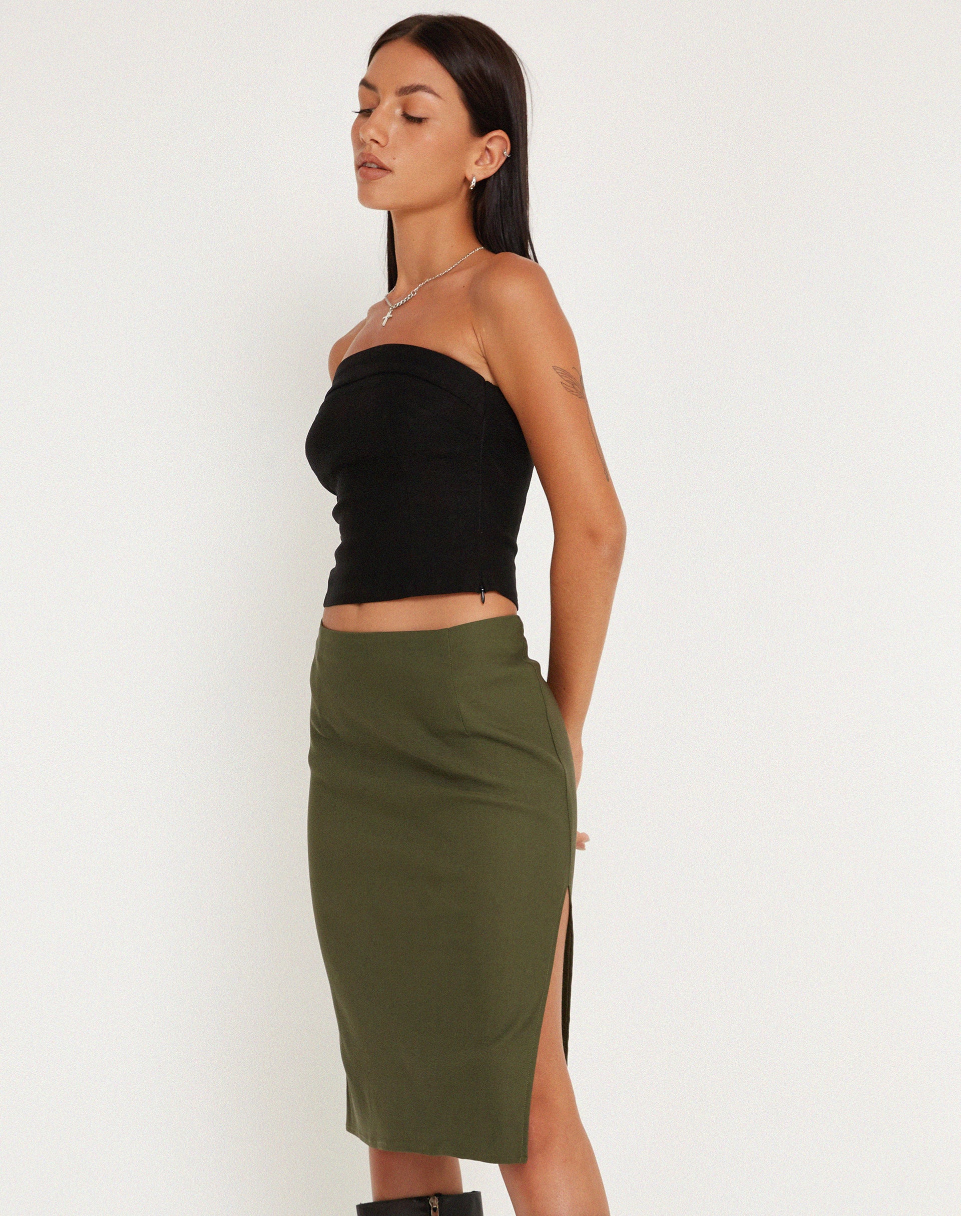 Sekoji Side Slit Midi Skirt in Khaki - Image 2