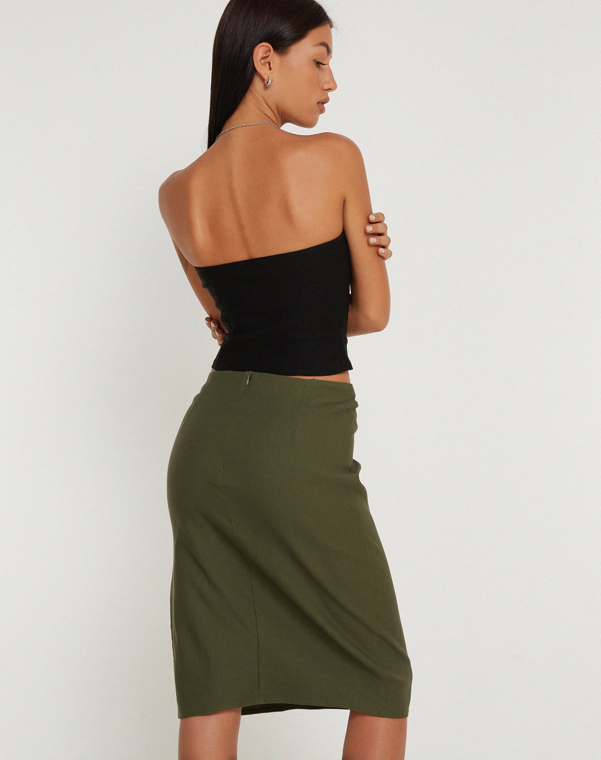 Sekoji Side Slit Midi Skirt in Khaki - Image 3