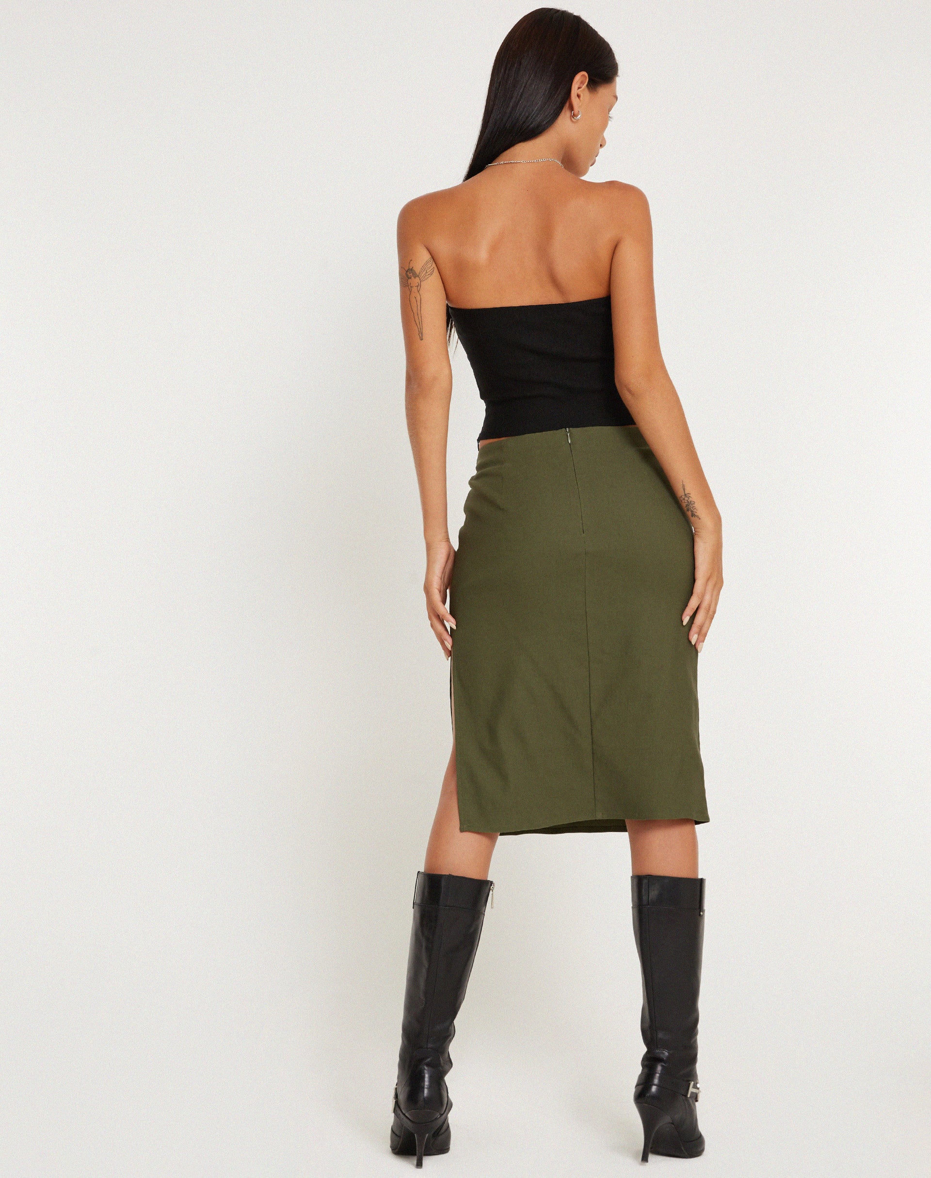Sekoji Side Slit Midi Skirt in Khaki - Image 5
