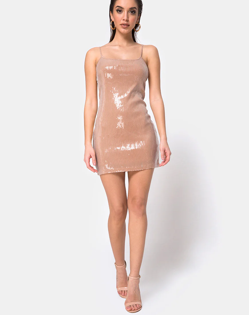 Selah Bodycon Dress in Camel with Clear Sequin - Image 3