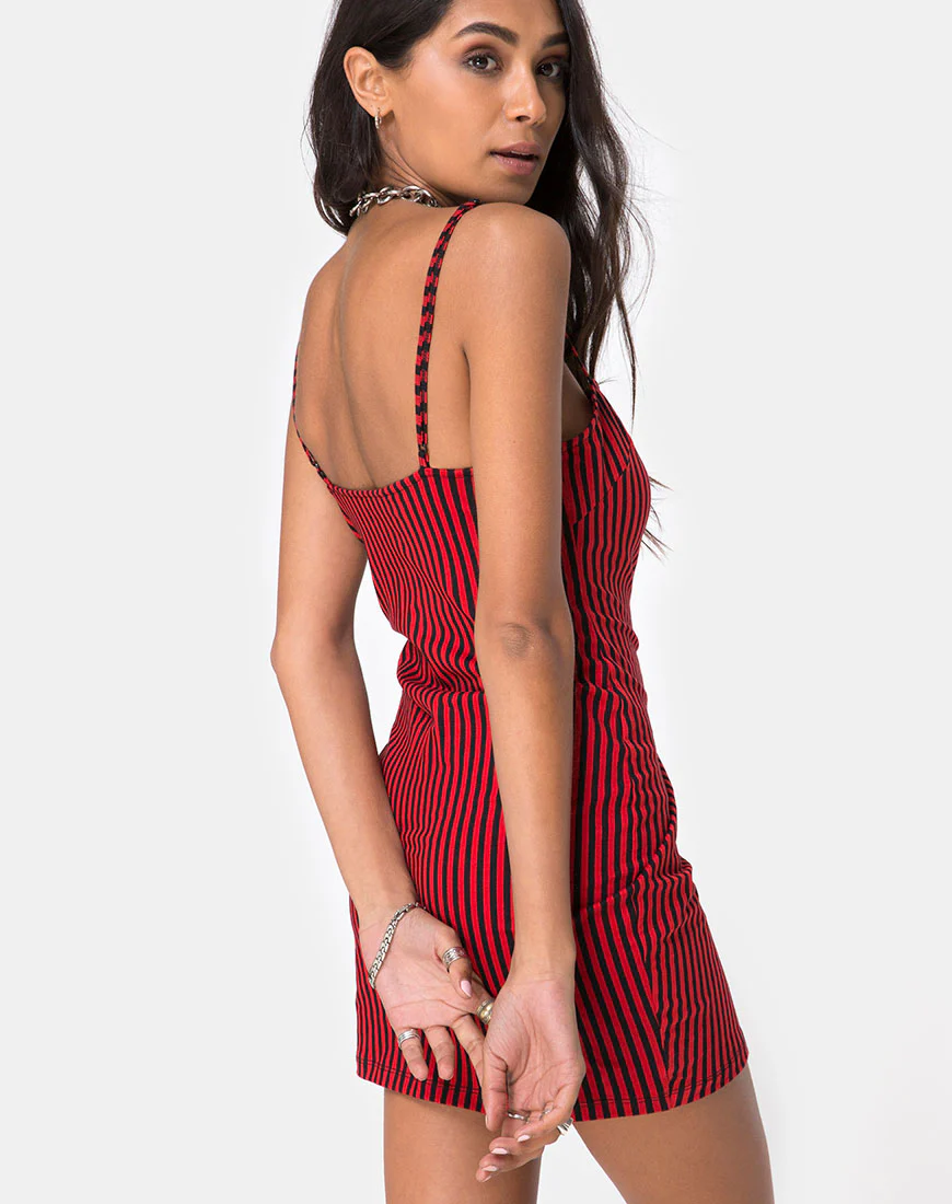 Selah Bodycon Dress in Mini Stripe Red and Black - Image 2