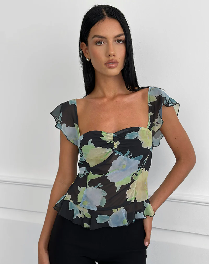 Selita Top in Black Chiffon with Crystal Flower Print - Image 2